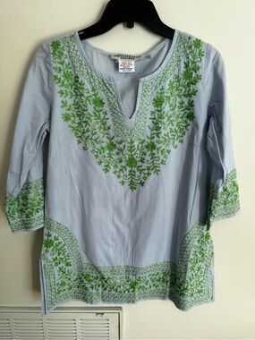 Gretchen Scott blue Cotton Tunic Top Embroidered V-Neck 3/4 Sleeves boho
